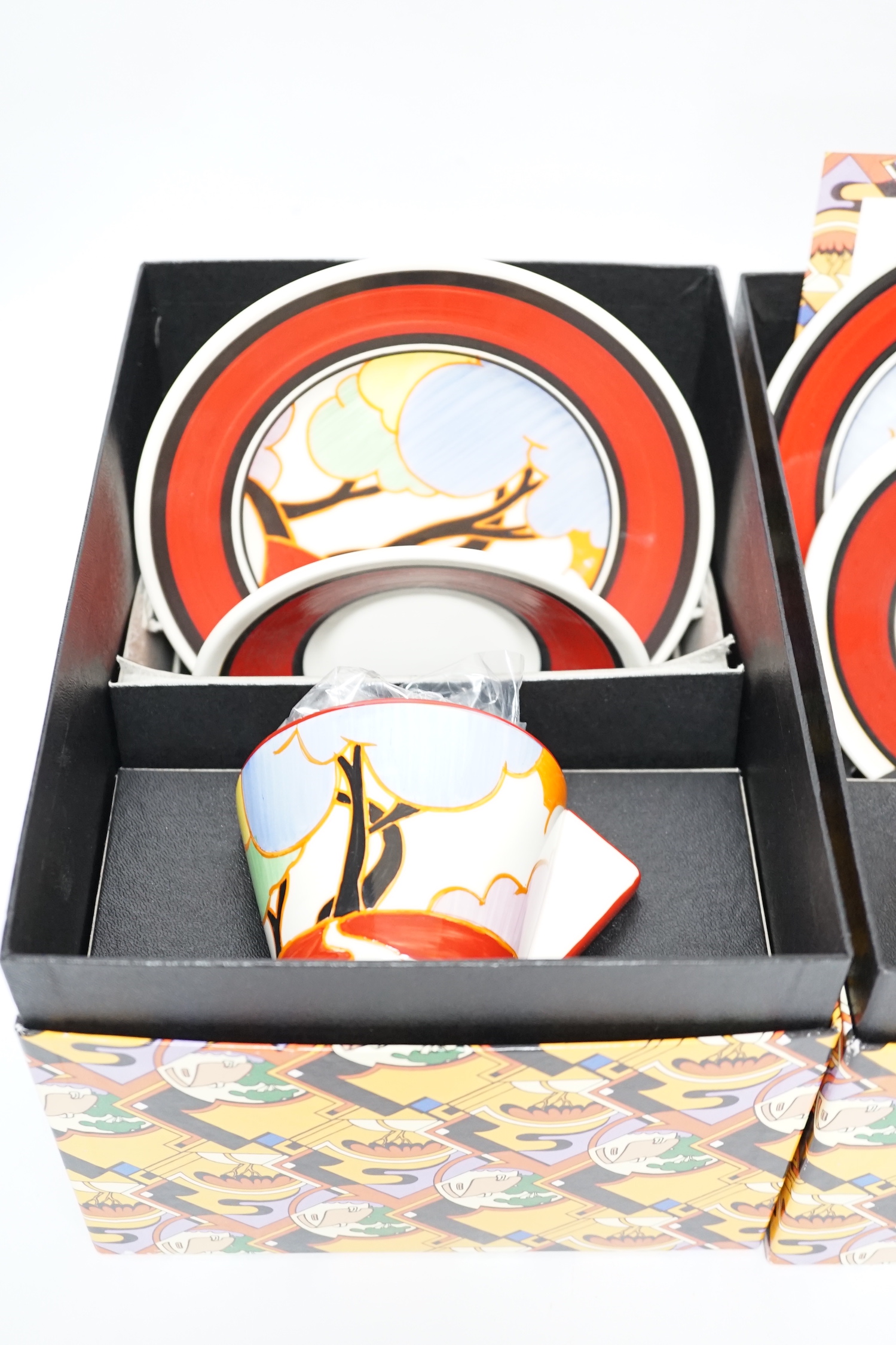 Two Wedgwood Clarice Cliff limited edition Blue Autumn trios with boxes and certificates